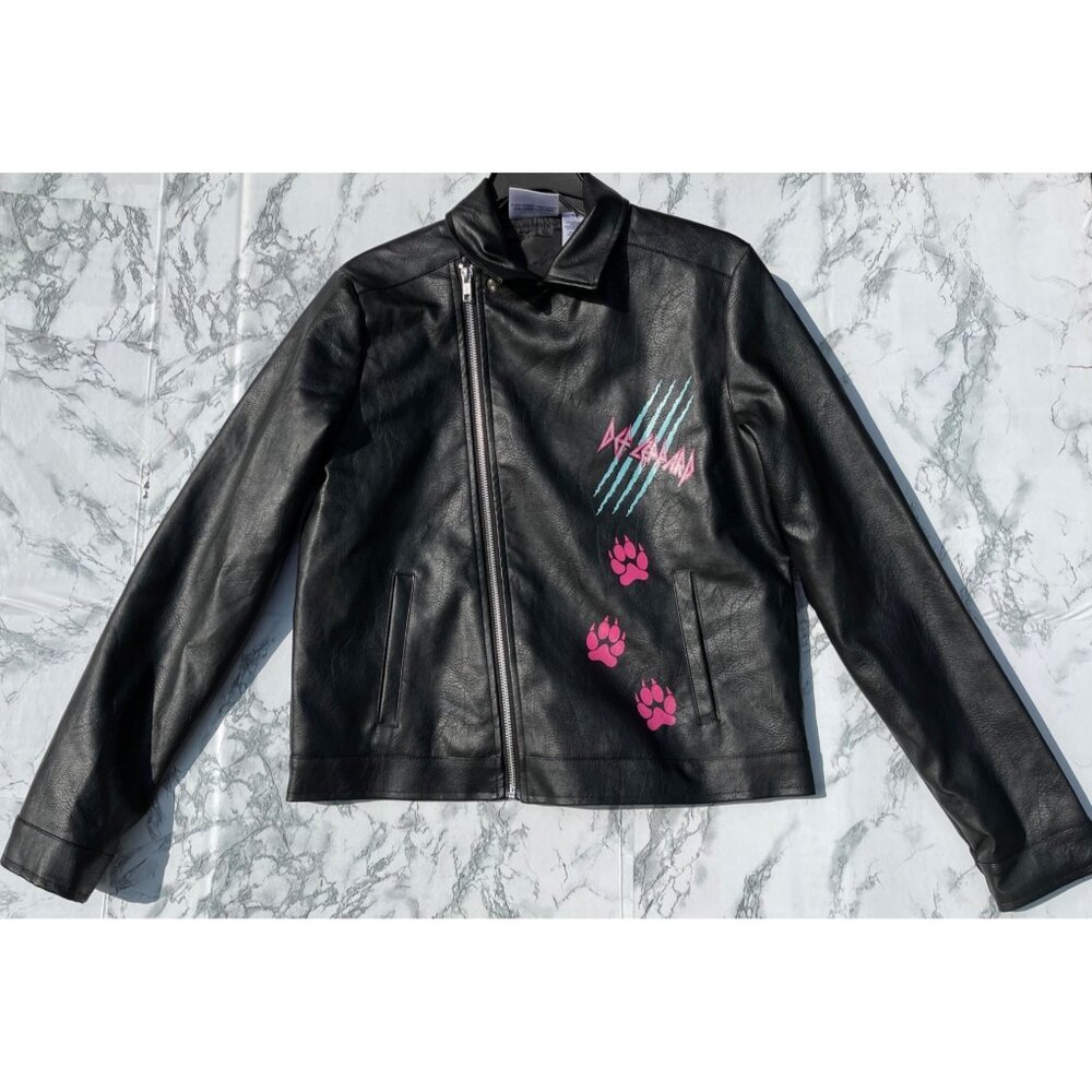 Def Leppard Girls Moto Jacket Black Leather Look Size 14/16 With Pink Paw Prints